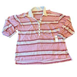 NWT Pilcro Pink Striped Button-Down Collared Shirt With Puff Sleeves Size Small